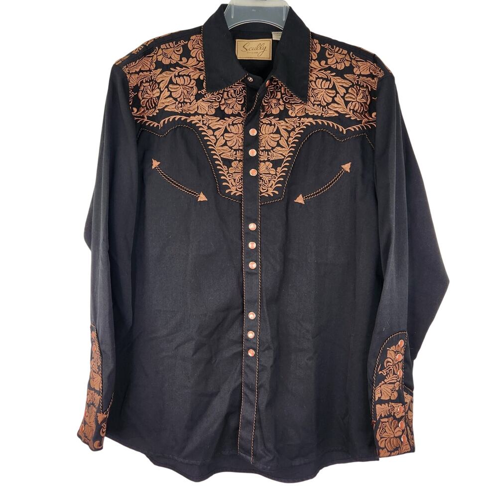 Scully Black Pearl Snap Western Shirt Brown Embroidery Men's Medium Cowboy